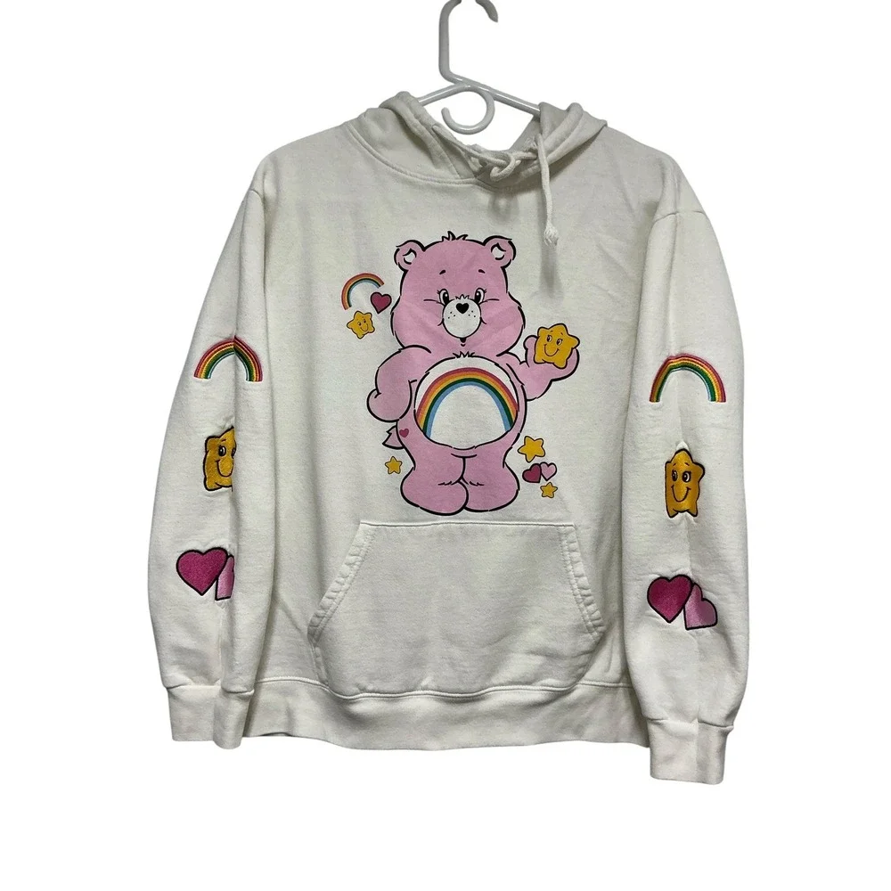 Care Bears Cheer Bear Graphic Hoodie White Rainbow Stars Fleece Sweatshirt